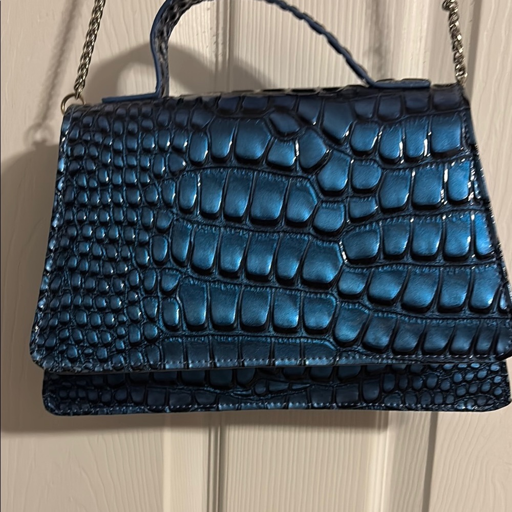 Glossy Blue Crocodile-Textured Clutch